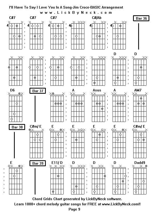 Chord Grids Chart of chord melody fingerstyle guitar song-I'll Have To Say I Love You In A Song-Jim Croce-BASIC Arrangement,generated by LickByNeck software.